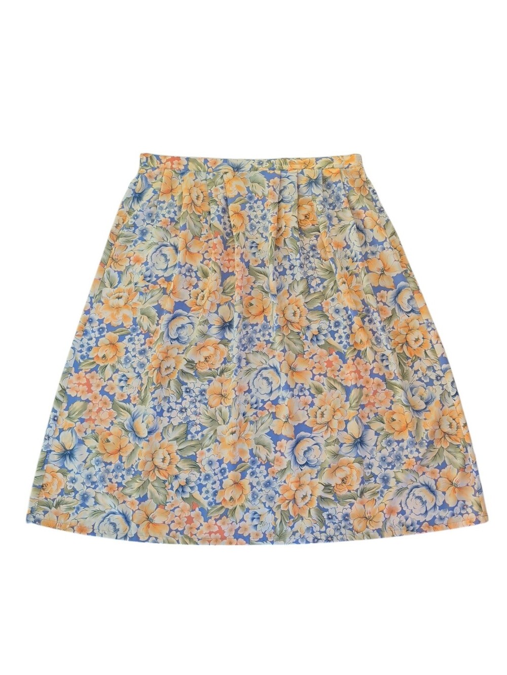Vtg. Sag Harbor Floral Pleated A-Line Midi Skirt with Pockets 2X Blue Orange